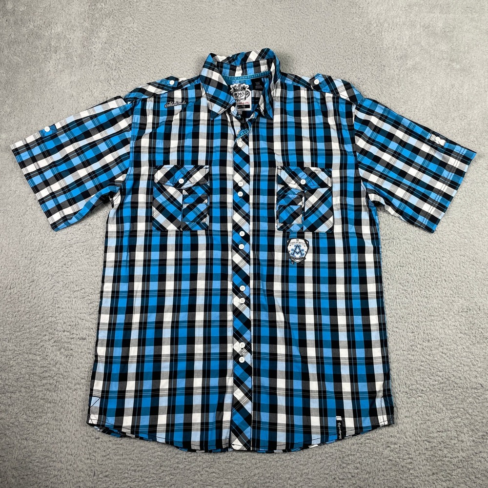 Akademiks Plaid Button Down Shirt Mens XL Blue Black Short Sleeve Streetwear